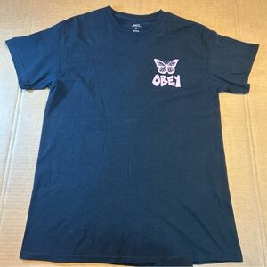 OBEY Butterfly Graphic T-Shirt Black with Purple 100% Cotton Medium Streetwear